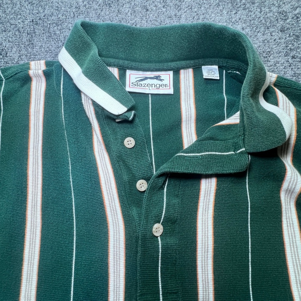 Vintage Slazenger Mens Large Green Striped Cotton Polo Shirt Short Sleeve Logo - Picture 5 of 9